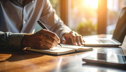 Man Writing in Notebook with Laptop and Sunlight