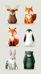 Cute forest animals including a deer, foxes, penguin, rabbit, and bear arranged in a whimsical style, perfect for children's decor