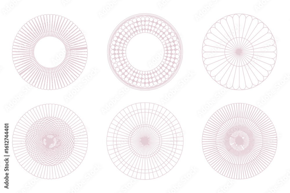 Poster six abstract circle designs with radial patterns and pale pink hues on a white background arranged n