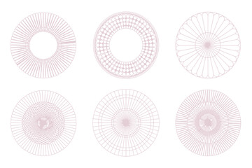 Six abstract circle designs with radial patterns and pale pink hues on a white background arranged neatly