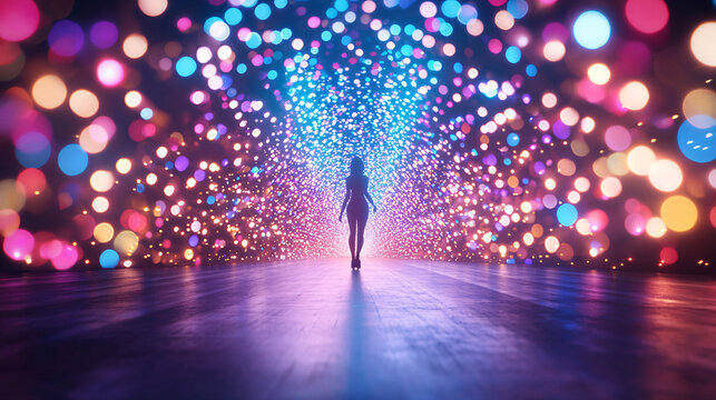 A silhouetted figure walks towards the light within a tunnel of colorful bokeh.