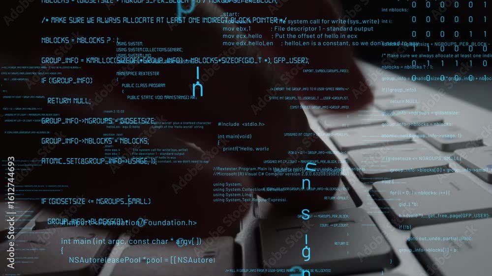 Poster close-up of hands on a keyboard showcasing rapid typing with streams of code in the background, illu