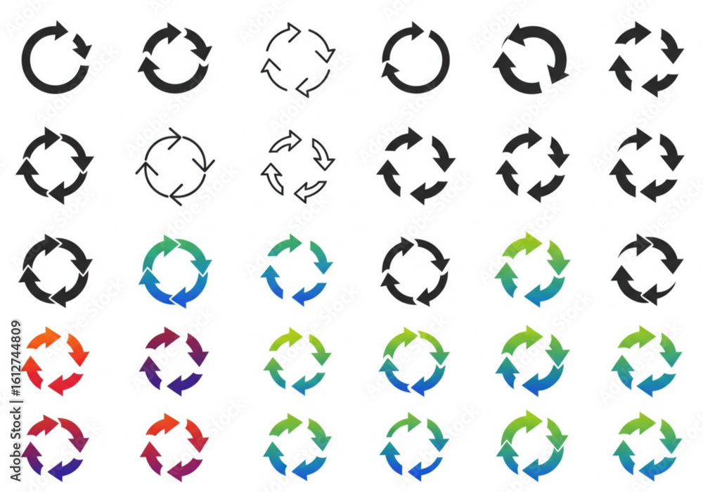 Poster collection of circular arrow icons representing refresh and recycling in various colors