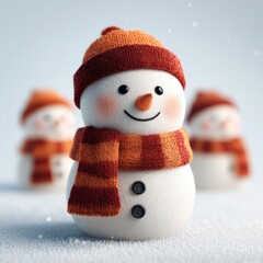 Snowmen with cheerful smiles stand on a snowy landscape surrounded by a peaceful winter atmosphere