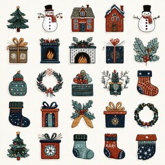 Colorful collection of holiday decorations and gifts featuring trees, snowmen, and stockings