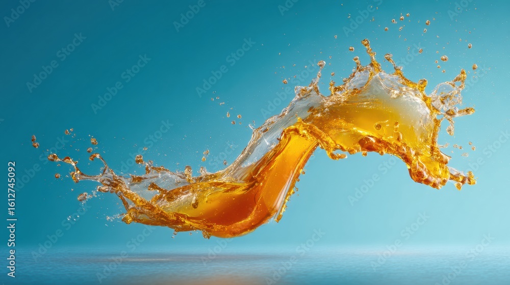 Poster golden ale splashes midair against a smooth blue gradient background creating vibrant droplets and a