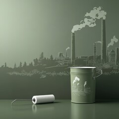 Green painted wall, factory scene, paint can