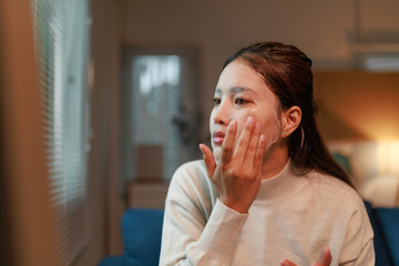 Concentrating on self care, a young Asian woman applies a revitalizing facial cosmetic mask in her...