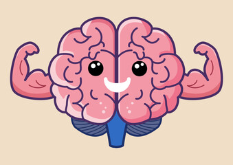 Cute brain flexing arms muscle. Strong human mind for mental health and intelligence development. Brain power concept.