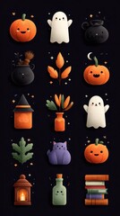 Colorful Halloween-themed illustrations featuring pumpkins, ghosts, and autumn elements with a whimsical design style