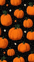 Colorful pumpkins scattered against a dark background with floral accents, showcasing fall harvest vibes and seasonal charm
