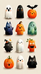 Colorful collection of cute Halloween characters including ghosts, pumpkins, and bats in playful designs perfect for decorations or celebrations