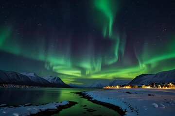 Vibrant aurora borealis illuminates snowy arctic landscape at night
