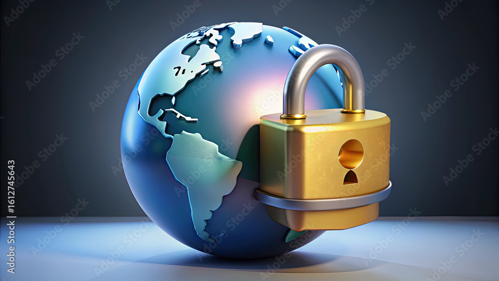 Poster global data protection: secure world globe with padlock for cyber security and international privacy