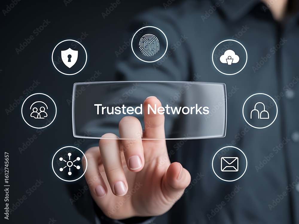 Poster human finger touching digital interface displaying trusted networks technology security