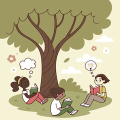 Diverse Group of Children Reading under a Knowledge Tree