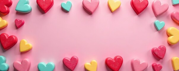 Brightly colored heart shaped candies arranged in a playful pattern against a pastel backdrop, Hearts, Colorful, Love