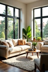 Bright living room with plush furniture, large windows, and green plants, modern, clean, luxury