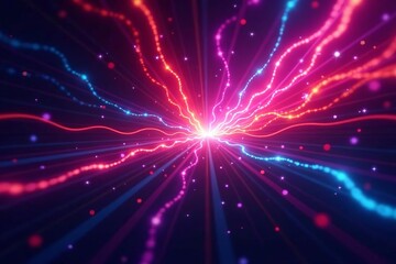 Naklejka premium Bright neon light burst with swirling abstract colors against dark background, energy, dark, dynamic