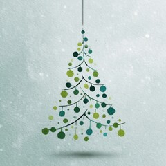 Stylized green Christmas tree illustration with ornaments in a winter setting
