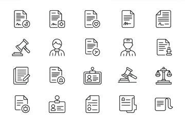 A collection of thin line icons depicting legal documents lawyers and other related law enforcement items
