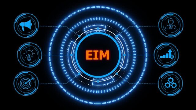 EIM Enterprise information management system. glowing HUD visuals and icons for marketing, innovation, targeting, growth, user data, and automation.