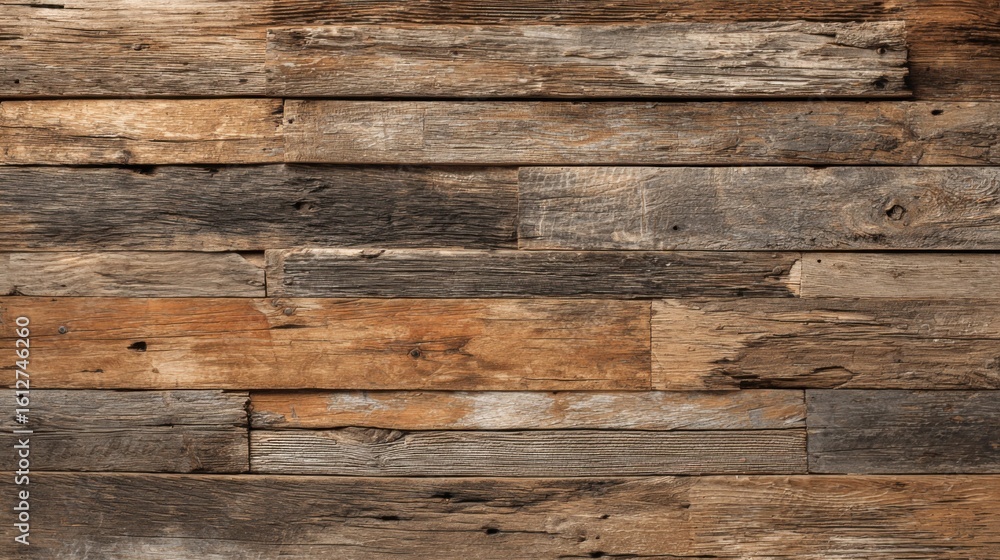 Poster a wooden wall display features an array of aged wooden planks with varying colors and textures, refl