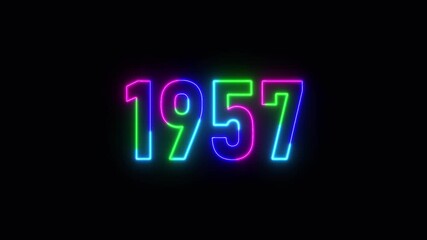  1957 neon line text. Abstract 1957 neon text animation ,For neon color Glowing neon number text background 4k video animation .Digital font against a dark background with neon line looping animation.