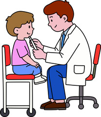 cartoon vector illustration of a doctor checking the health of a small child
