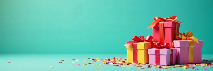 Fototapeta premium Festive gift boxes with colorful confetti on stylish teal backdrop, backdrop, box, festive