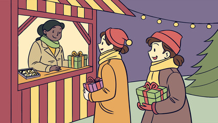 Charming Christmas Market Scene: Two Friends Shopping for Gifts at Festive Stall, Illustrated in Warm, Retro Style