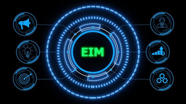 EIM Enterprise information management system. glowing HUD visuals and icons for marketing, innovation, targeting, growth, user data, and automation.