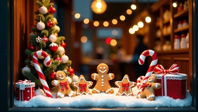 Festive holiday window showcase with gingerbread cookies and candy canes, holiday, shop display, candy