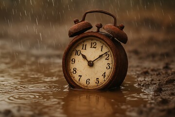An old rusty alarm clock sits submerged in muddy water as rain pours down in a time concept.