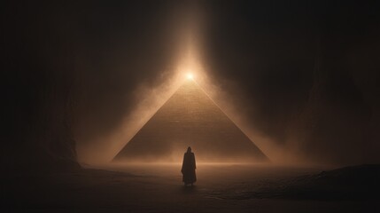 Mysterious figure stands before glowing pyramid in foggy landscape