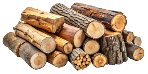 different types of old wood logs set on white background, PNG.AI Generated.