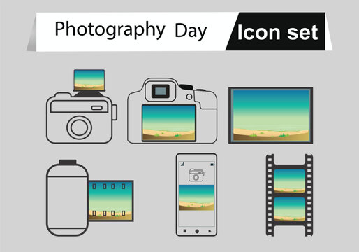 World Photography Day vector illustration set of photography icon, elements and symbols. camera and photography symbols icon set vector illustration design concept for web banners, social media post 