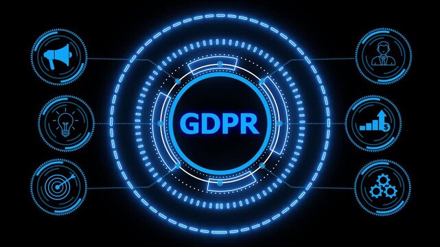 GDPR Personal data protection regulation cyber security. Business, glowing HUD visuals and icons for marketing, innovation, targeting, growth, user data, and automation.