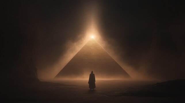 Mysterious figure stands before glowing pyramid in foggy landscape