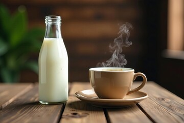 Fresh bottle of milk and steaming cup of coffee on rustic wooden table, dairy, latte, glass