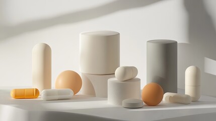 A neat, minimal scene of wellness supplements in pill and capsule form, lit softly by natural light on a white backdrop .