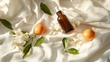 Neroli oil bottle with scattered citrus blossoms on white linen .