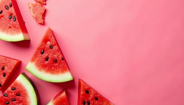 Fresh watermelon slices arranged on pink background, healthy, vibrant, tropical - Powered by Adobe