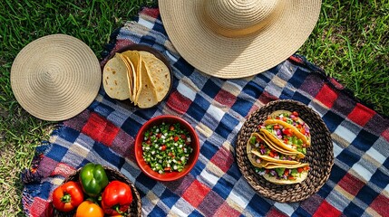 A bright, cheerful Cinco de Mayo picnic with sombreros, tacos, and fresh salsa laid out on a checkered blanket .