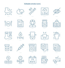 Diabetes stroke icon. Diabetes line icon set. editable stroke icon pack