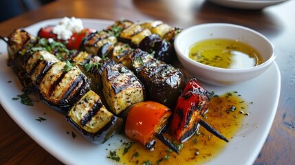 Greek-style grilled vegetables with eggplant, zucchini, and bell peppers, served with a side of olive oil and feta .