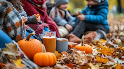 A family enjoying an autumn picnic with warm coats, hot cocoa, and pumpkin-shaped treats. .