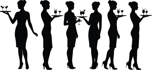 Silhouettes of Female Waitresses Carrying Cocktail Trays, Elegant Service Staff in High Heels, Hospitality, Bar, Lounge, and Restaurant Concept