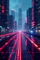 Fototapeta premium Futuristic cityscape with glowing AI technology, digital grid lines, and holographic displays, grid, innovation, city