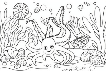 Cute cartoon sea creatures swimming in ocean with corals and anemones, simple black and white coloring page for kids featuring dolphins and octopuses
